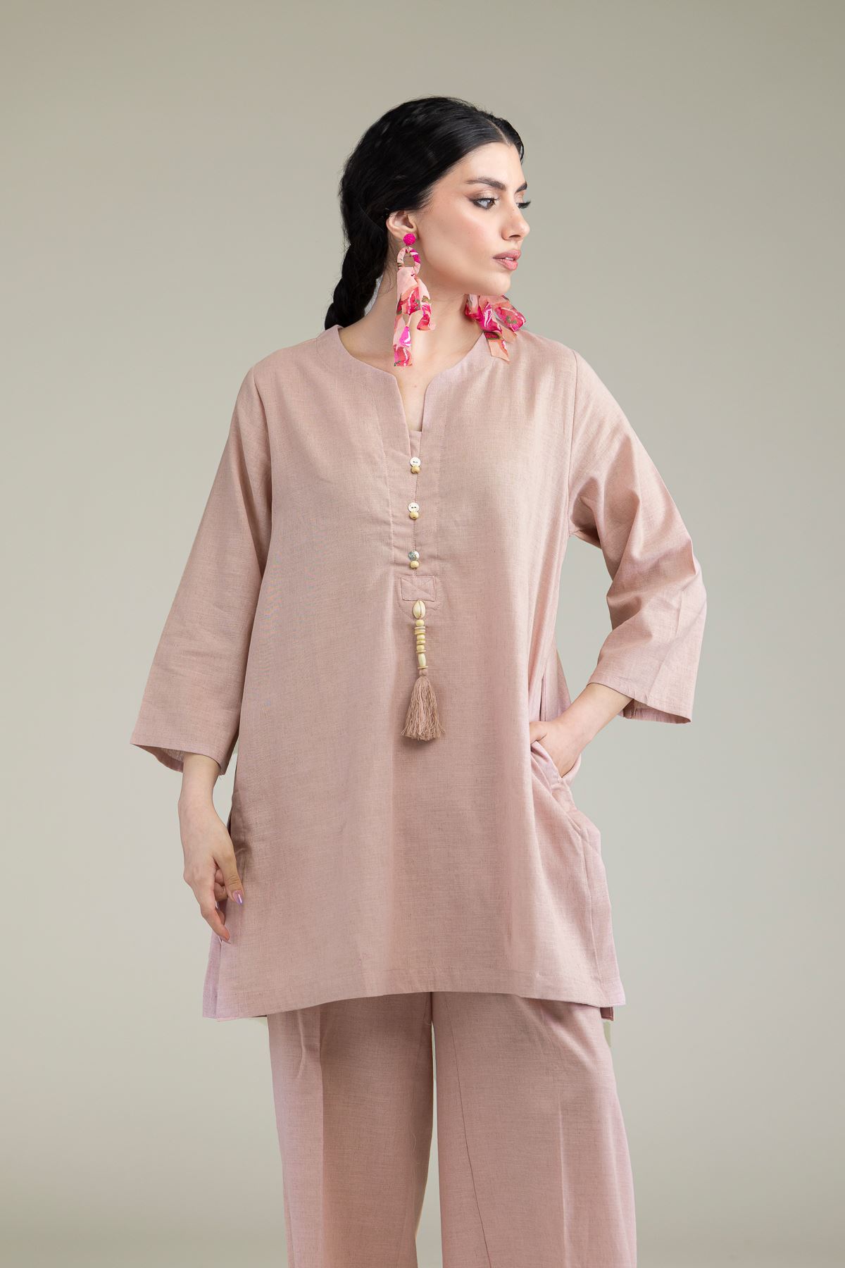 Dyed Blended Linen Solid Linen Kurta - 1-26-209-B-F1-VG