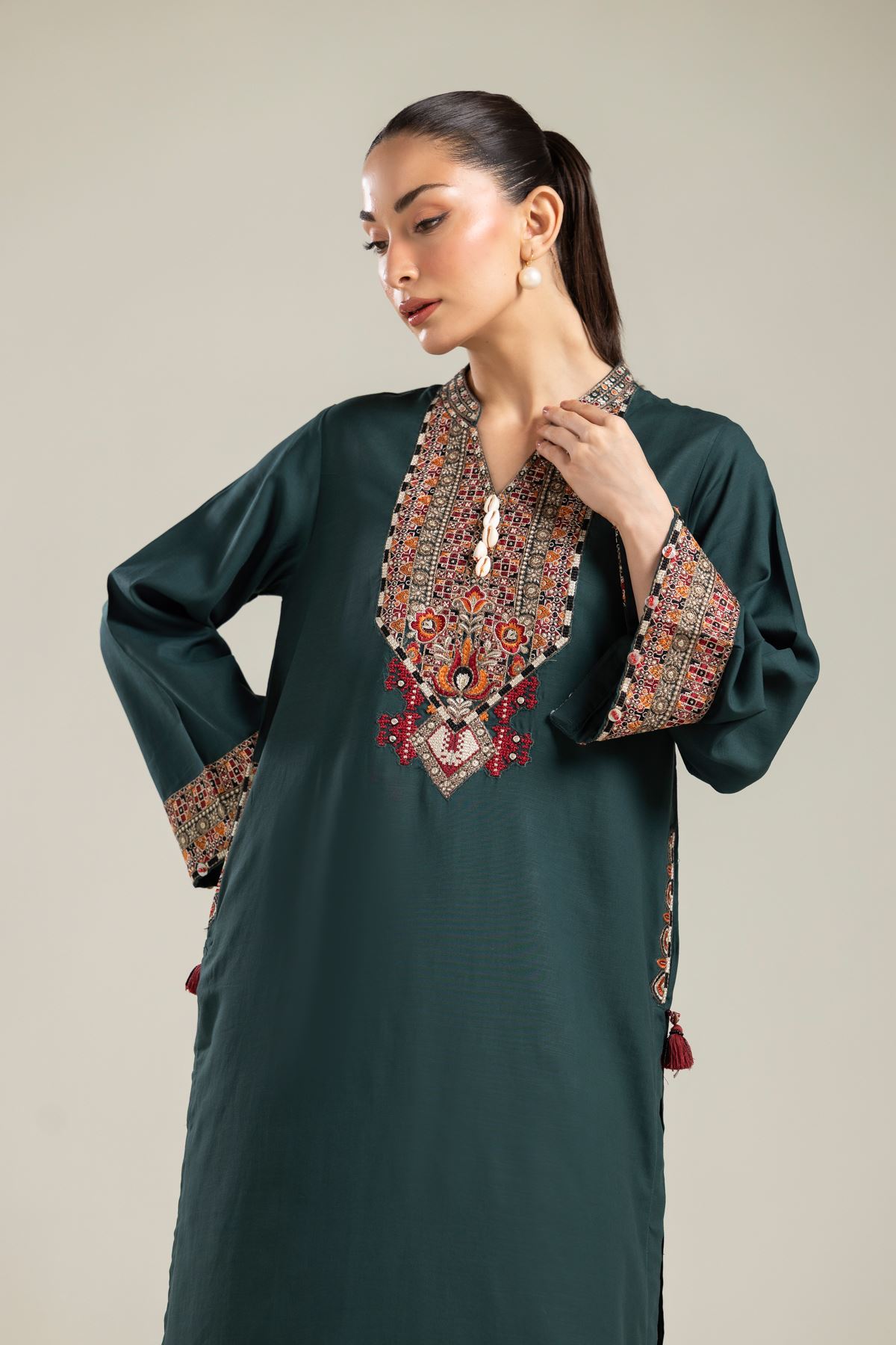 Embroidered Raw Silk Green Longline Kurta - 1-26-106-A-D-VG