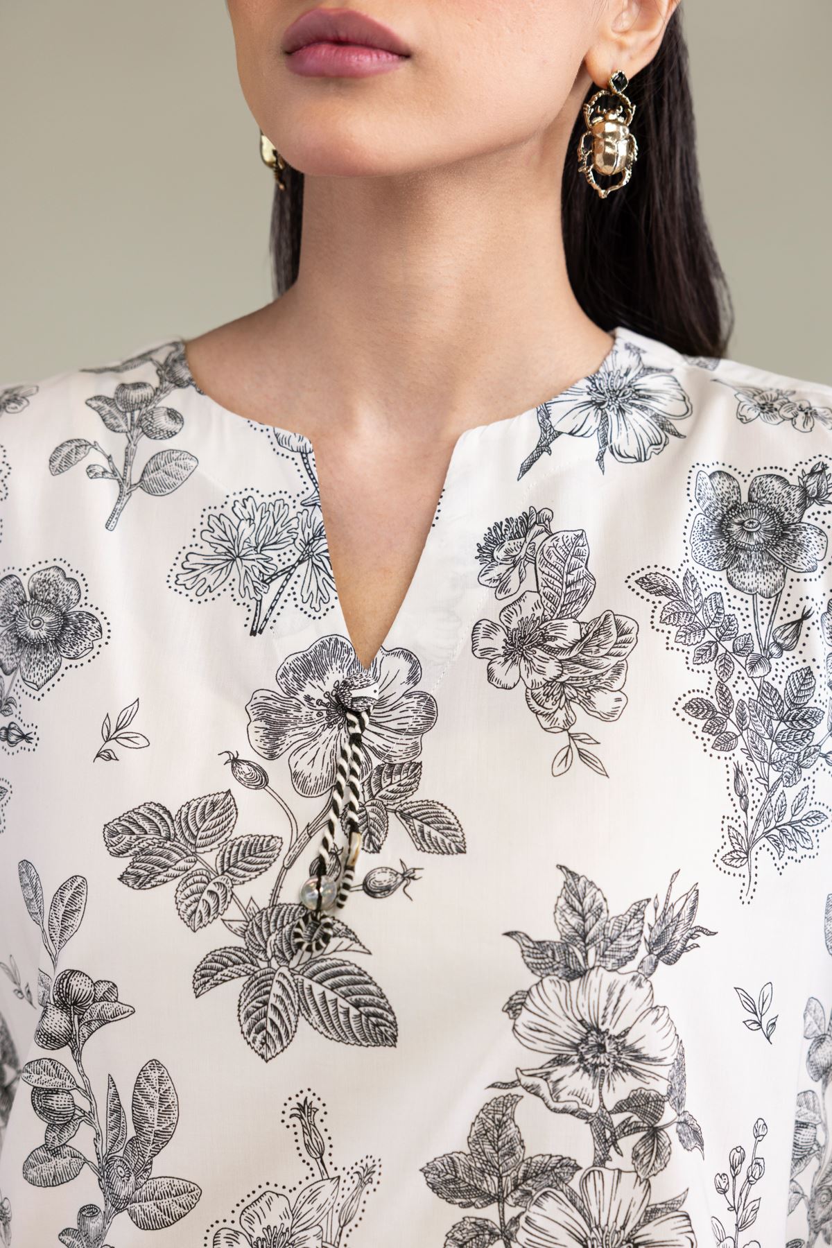 Printed Cotton Viscose Floral V-Neck Kurta - T-A11-26-114FD1-VG