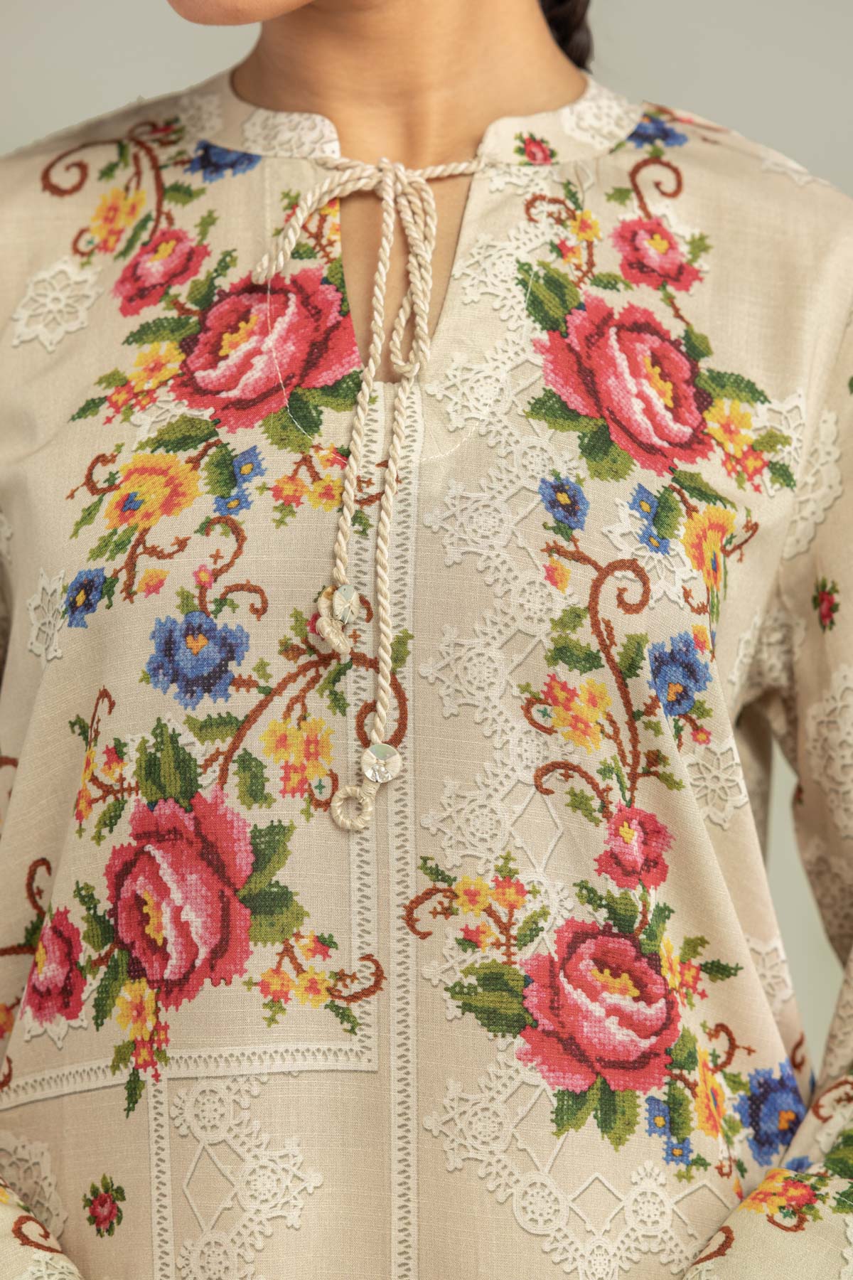 Embroidered Raw Silk Floral Beige Kurta - 1-26-102-A-F-VG