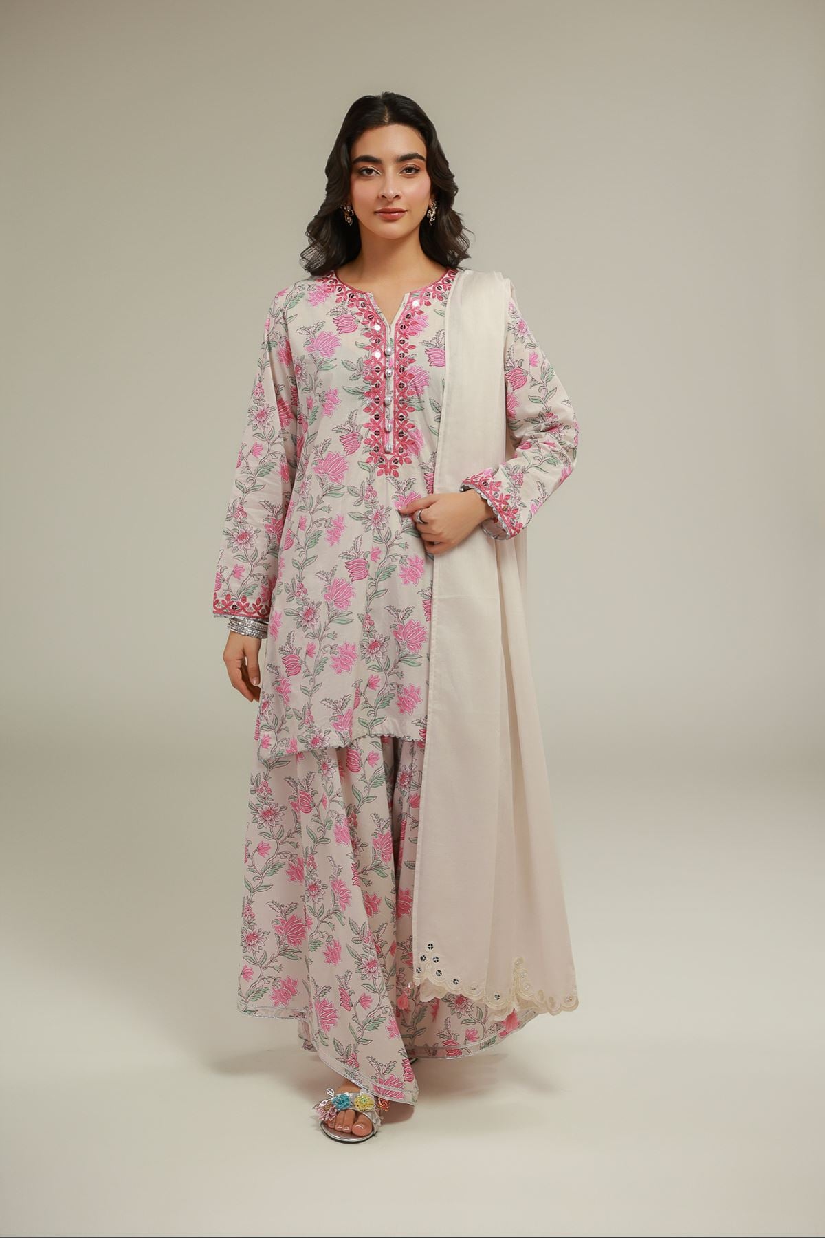 Embroidered Cotton Viscose Cotton Floral Pants - 1-26-128-A-A-VG