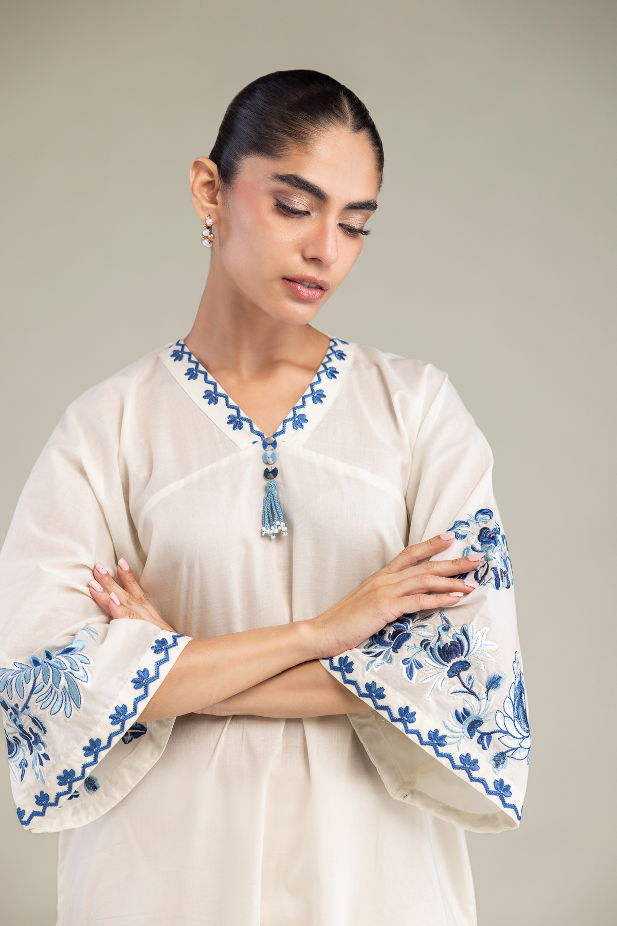 Embroidered Cambric Long Floral Kurta - 1-26-102-A-F-VG