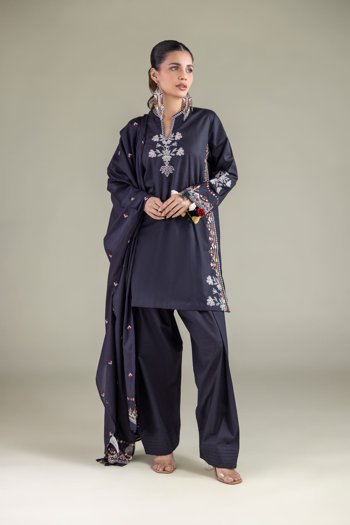 Embroidered Lawn Draped Geometric Dupatta - 1-26-127-A-E-VG