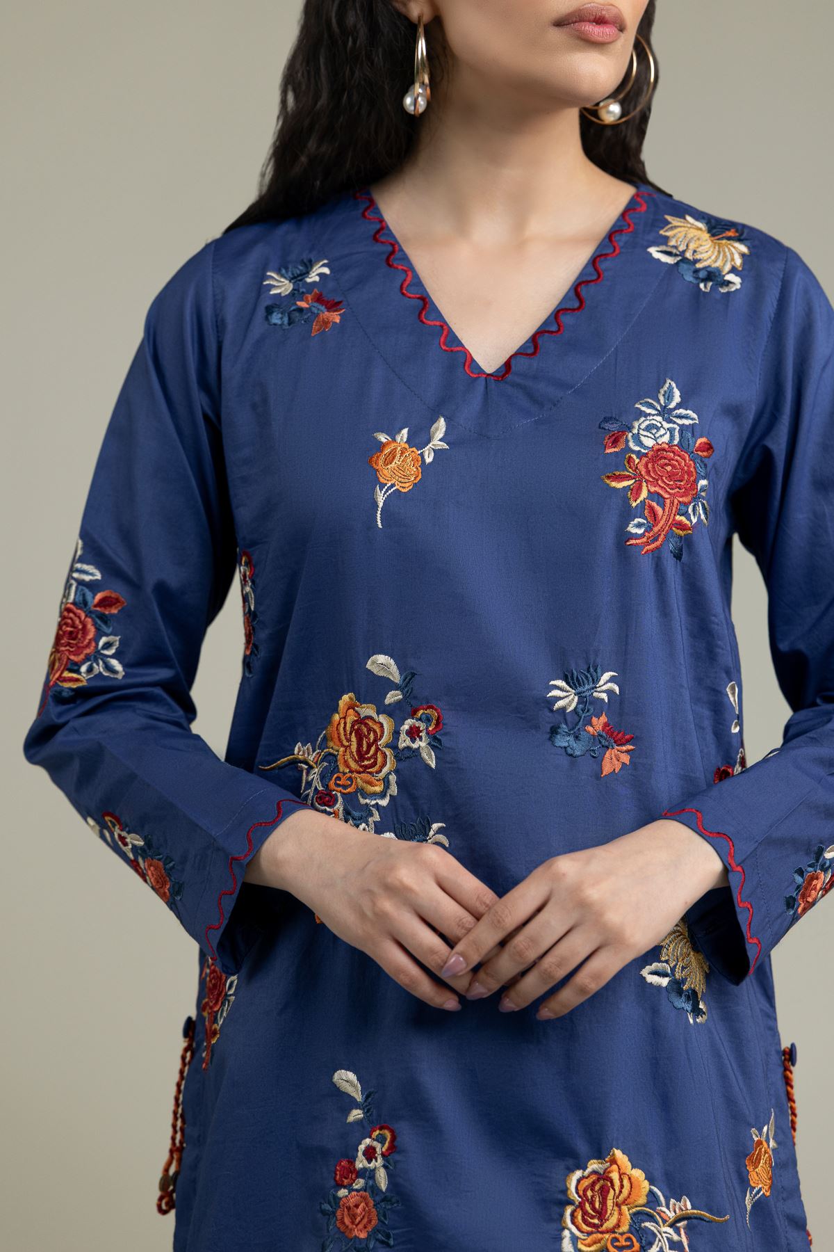 Embroidered Cambric Blue V-Neck Kurta - 2-26-212-A-H1-VG