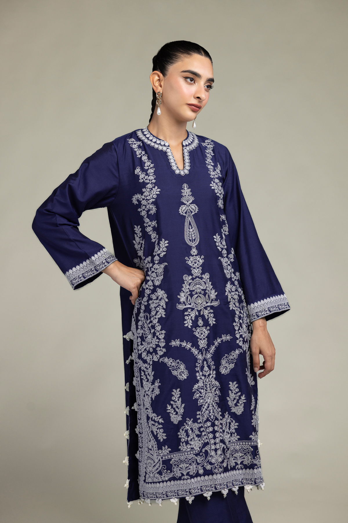 Embroidered Raw Silk Navy Floral Kurta - 1-26-306-B-B1-VG