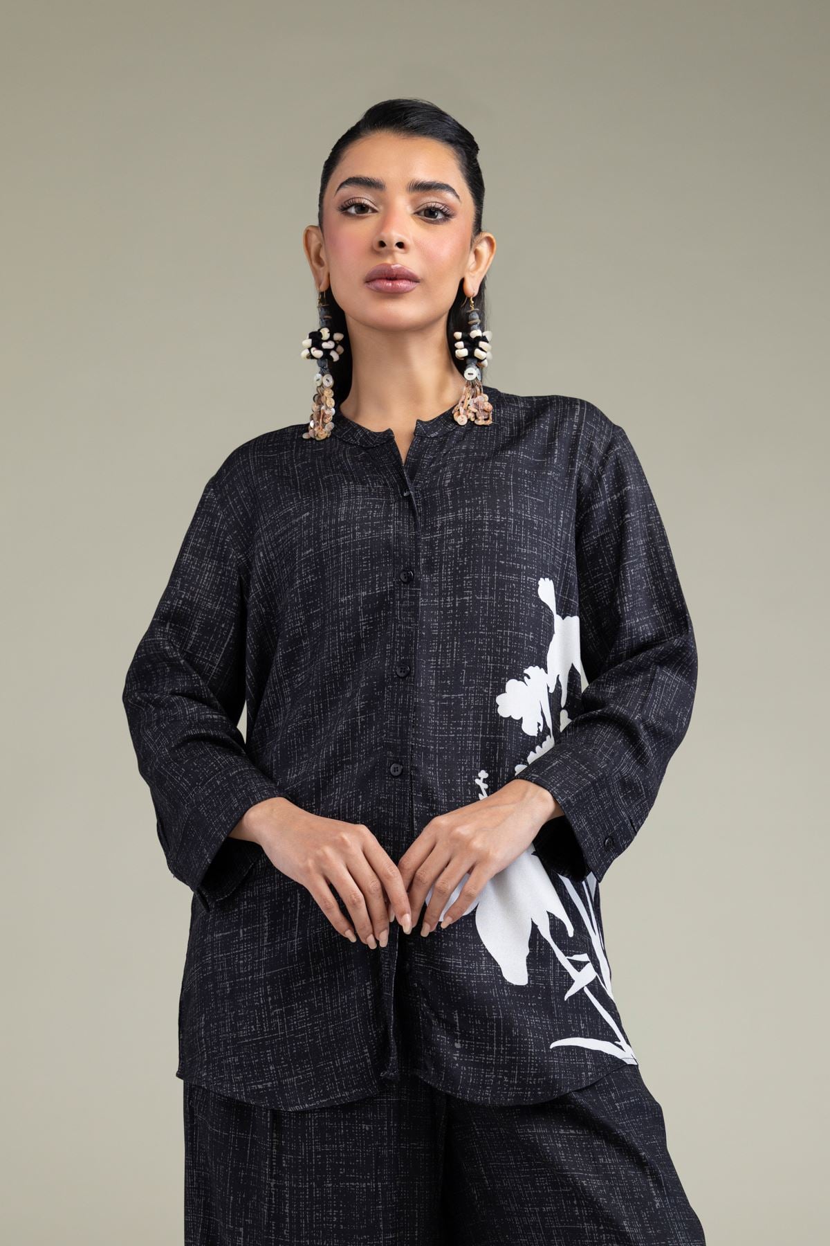 Printed Viscose Crepe Black Viscose Shirt - 25-09-12E2-03TA-VG
