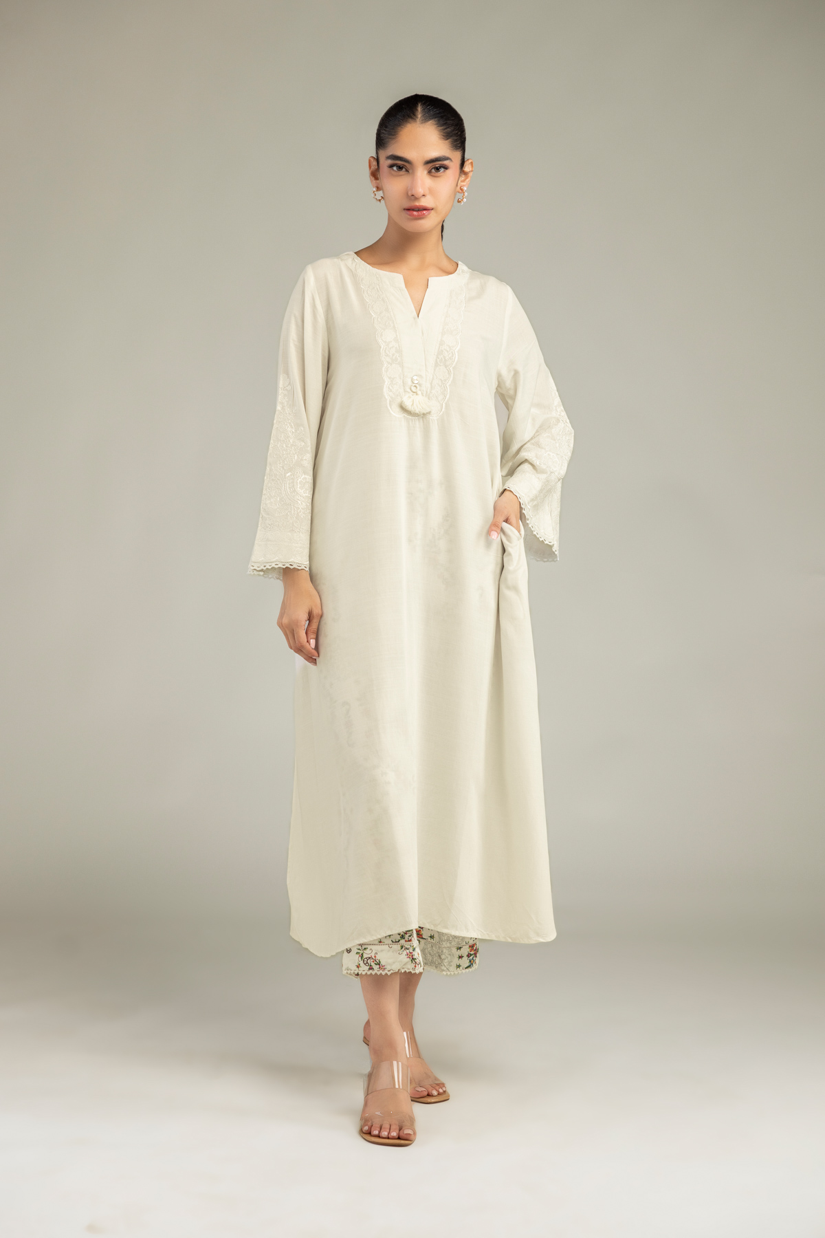Embroidered Raw Silk Floral Off-White Pants - 1-26-102-A-F-VG