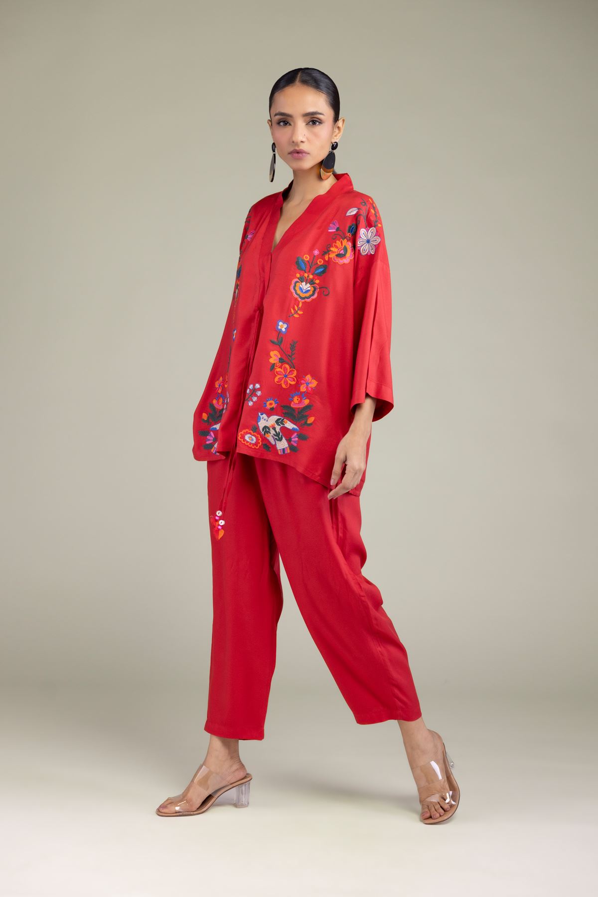 Embroidered Viscose Crepe Red Viscose Trousers - 6-26-202-A-D1-VG