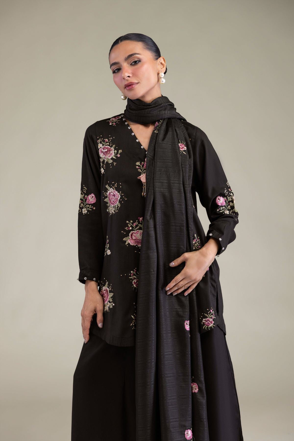 Embroidered Raw Silk Black Floral Kurta - 2-26-202-A-B-VG