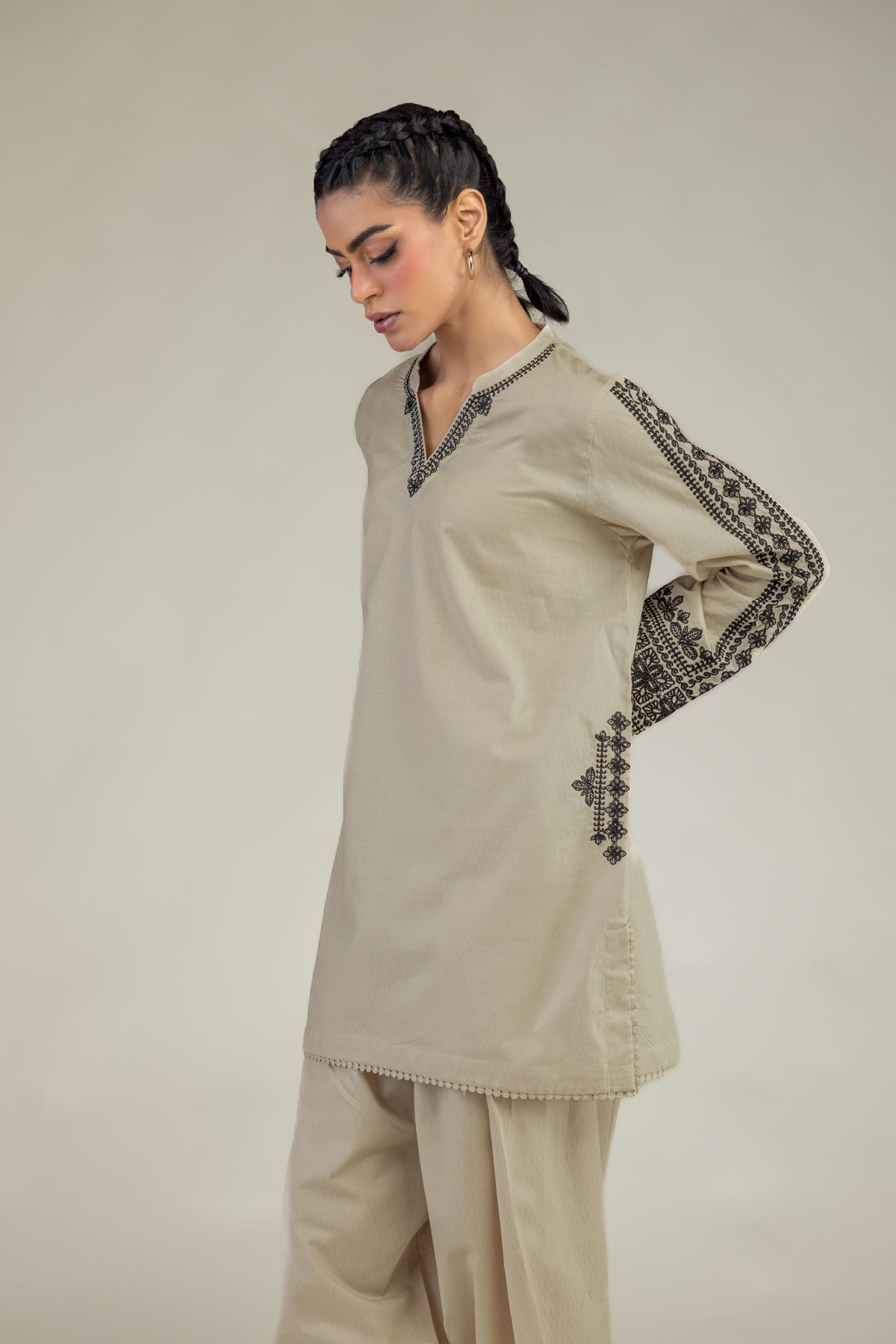 Embroidered Cotton Dobby Beige V-Neck Kurta - 1-26-245-A-J1-VG