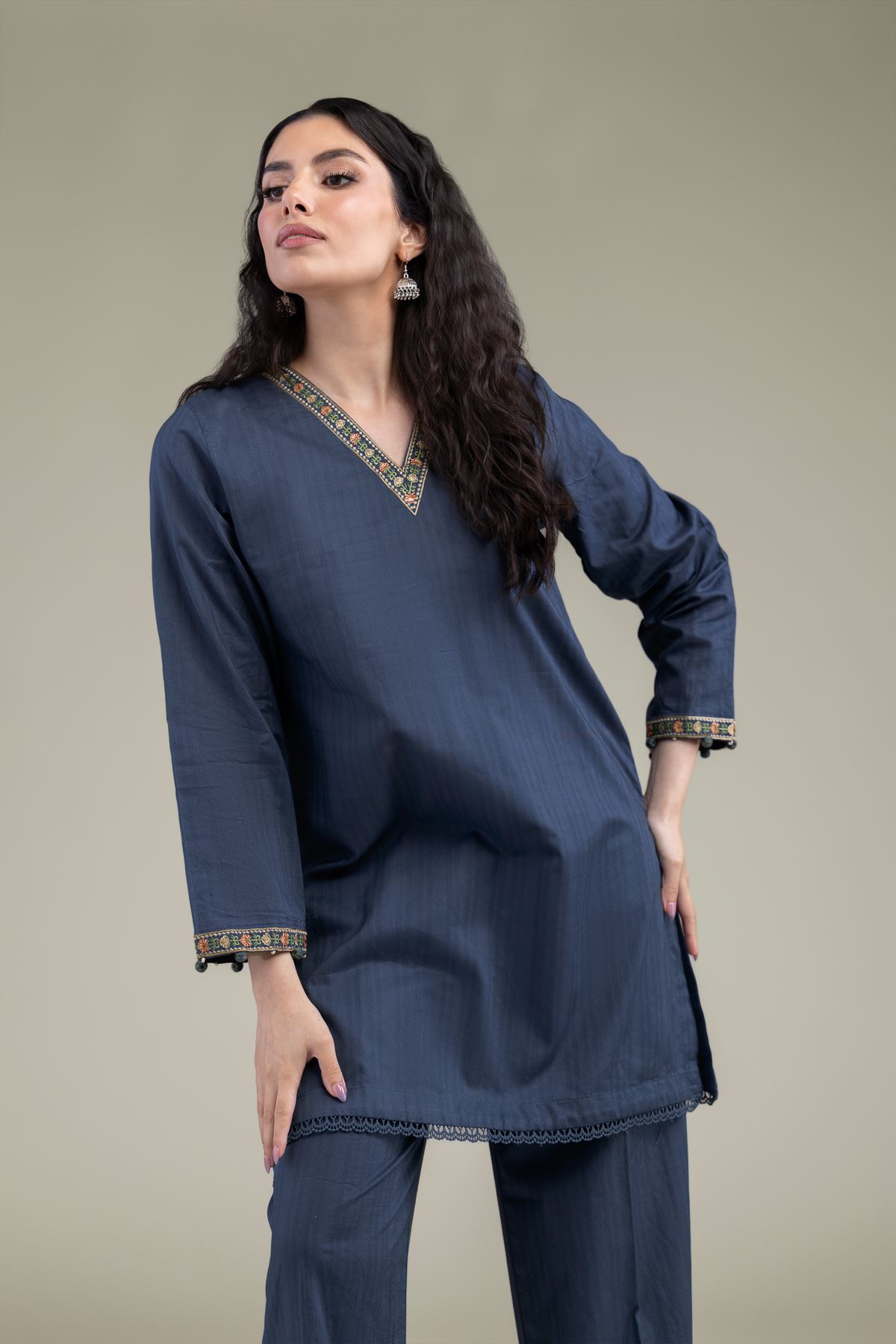 Embroidered Cotton Dobby Navy V-Neck Kurta - T-A11-26-105FJ1-VG