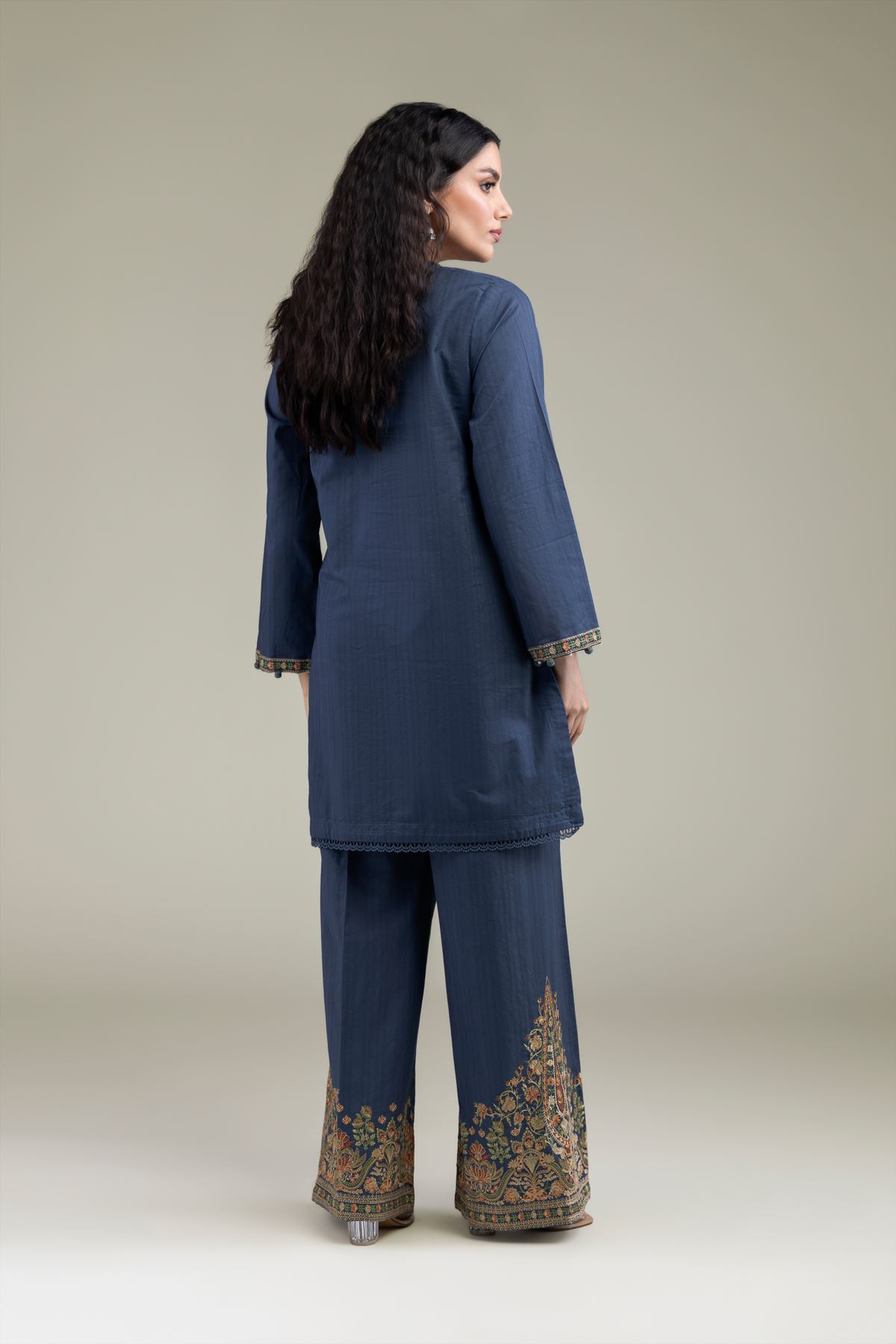 Embroidered Cotton Dobby Navy V-Neck Kurta - T-A11-26-105FJ1-VG