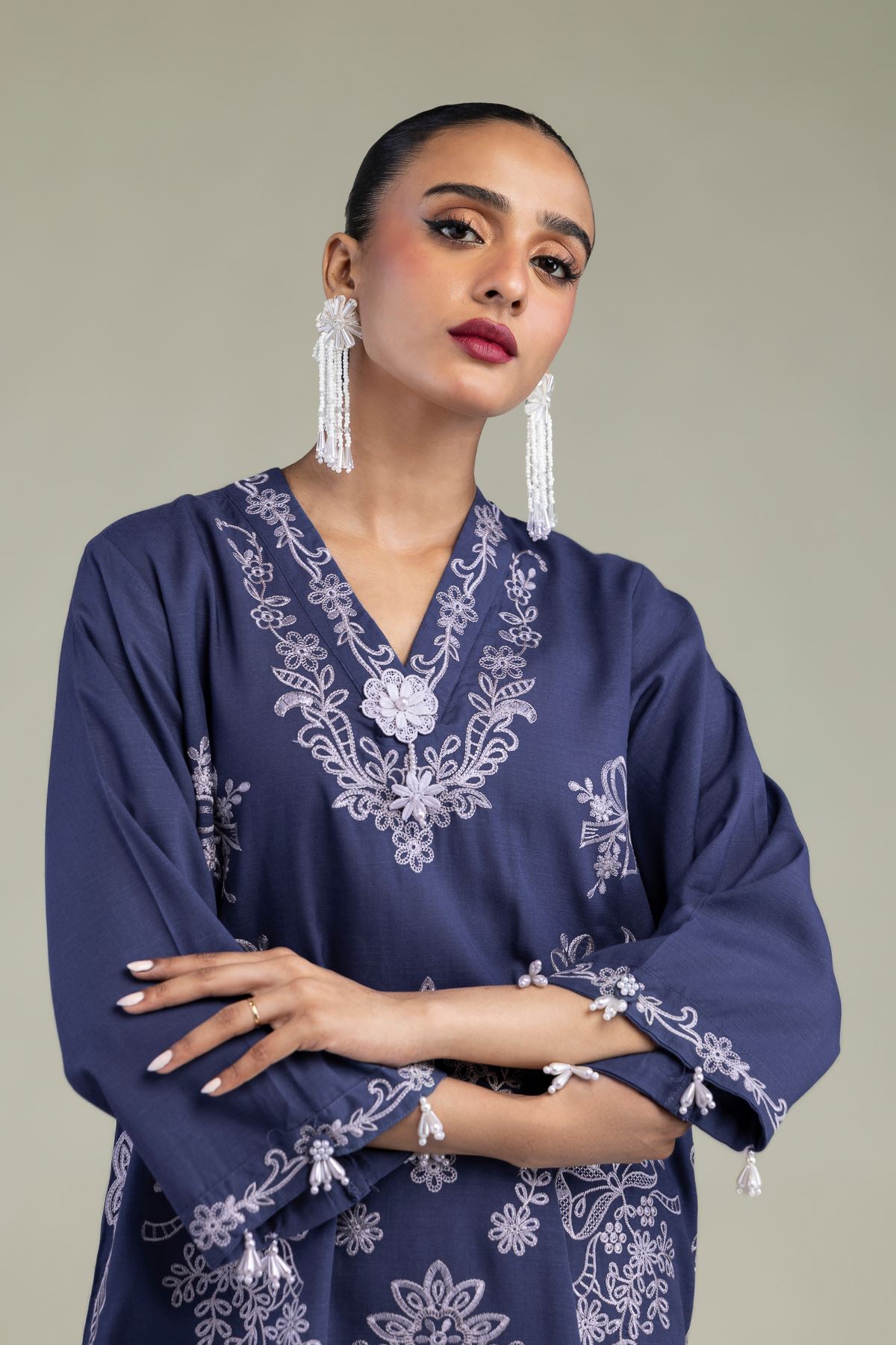 Embroidered Raw Silk Floral V-Neck Kurta - 2-26-302-B-F1-VG