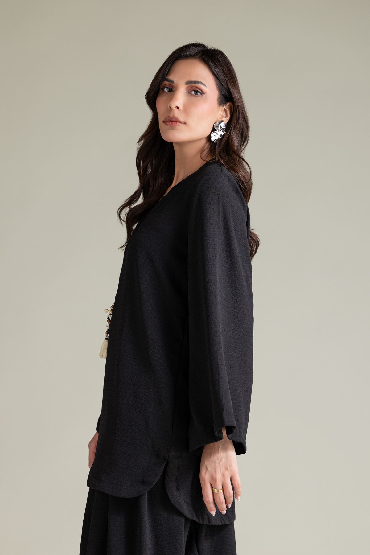 Dyed Blended Crinkle Black Crinkle Kurta - 26-02-1E13-02TA-VG