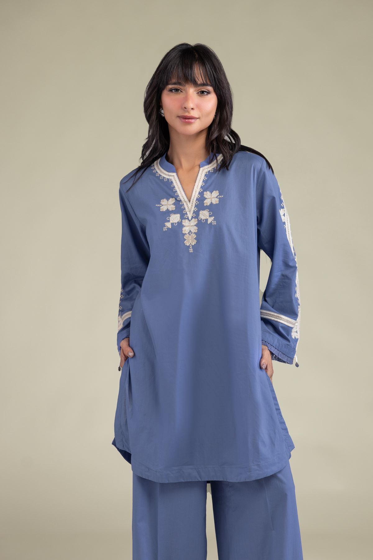 Embroidered Cambric Blue Threadwork Kurta - 2-26-207-A-C1-VG