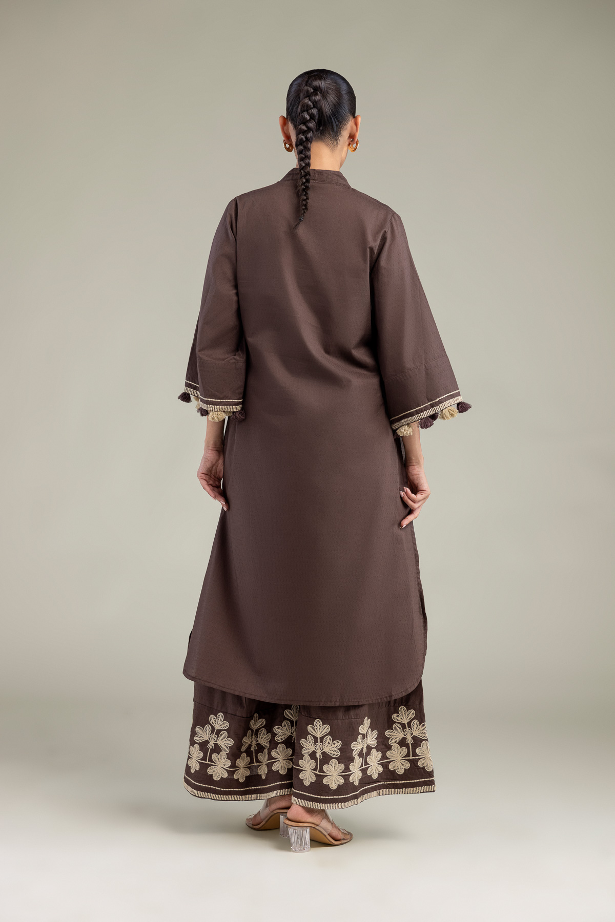 Embroidered Cotton Dobby Brown V-Neck Kurta - 1-26-102-A-F-VG