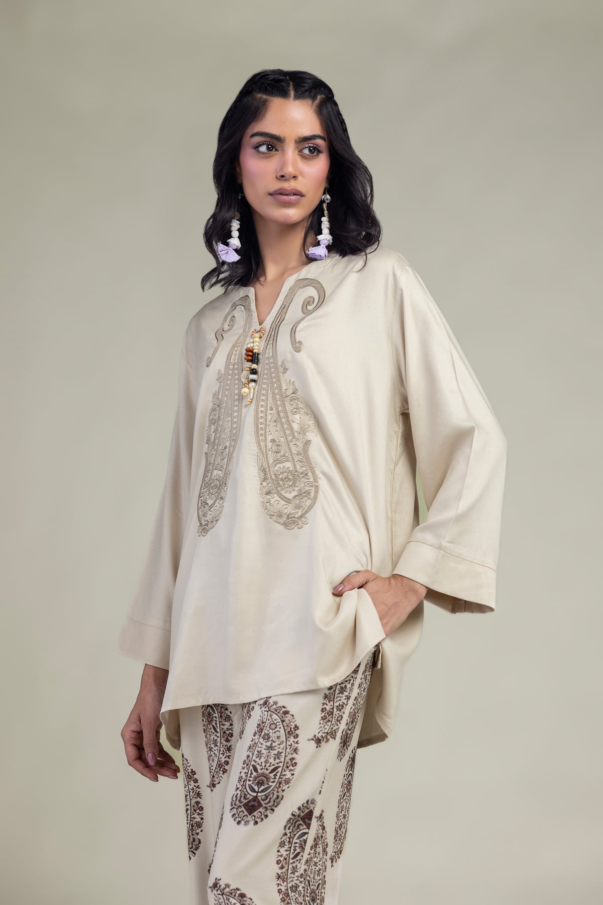 Embroidered Viscose Crepe Short V-Neck Tunic - 1-26-309-B-D1-VG