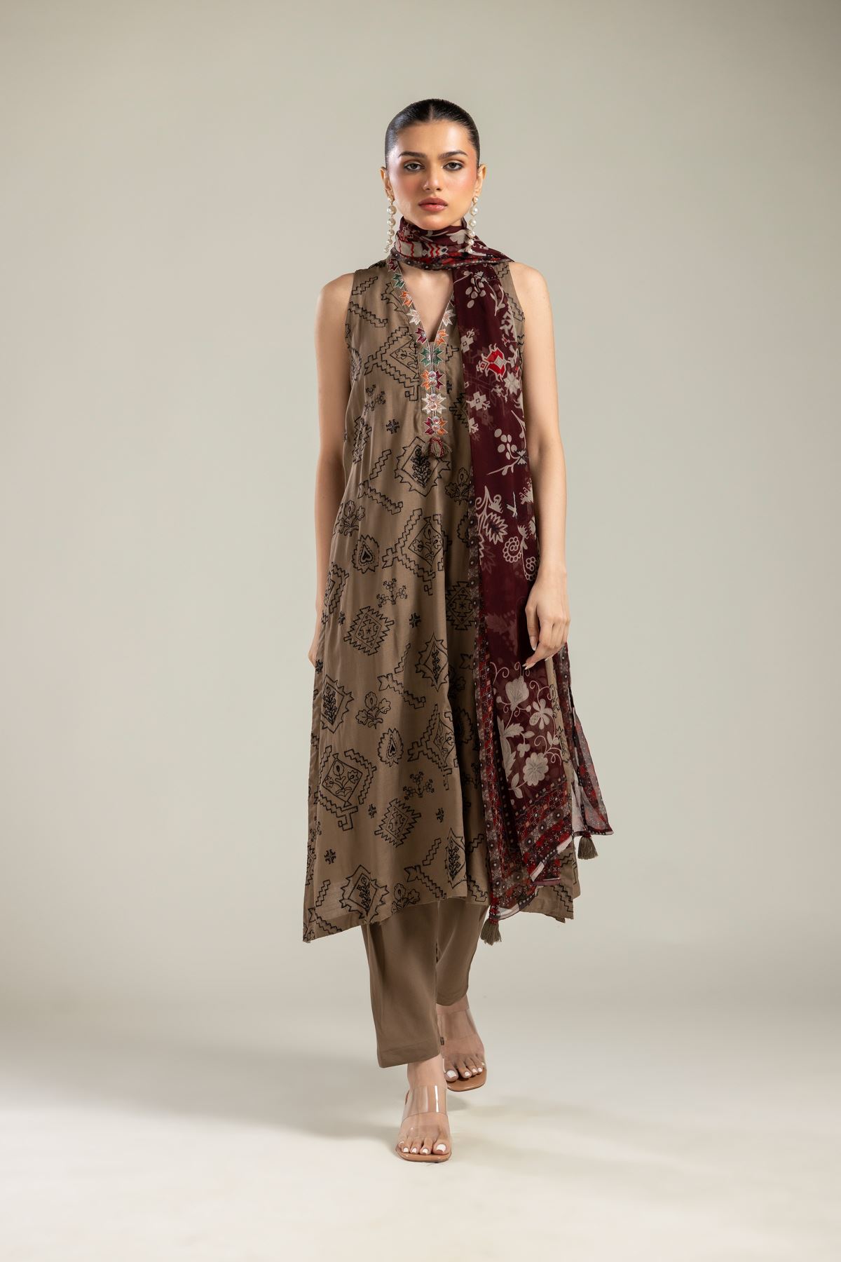 Embroidered Chiffon Maroon Floral Dupatta - 2-26-109-A-F-VG