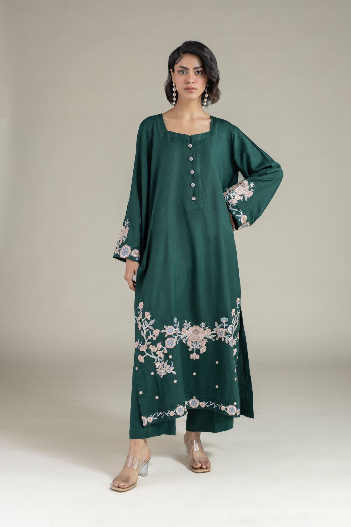 Embroidered Heavy Blended Viscose Floral Longline Kurta - 25-10-11E8-11TB-VG