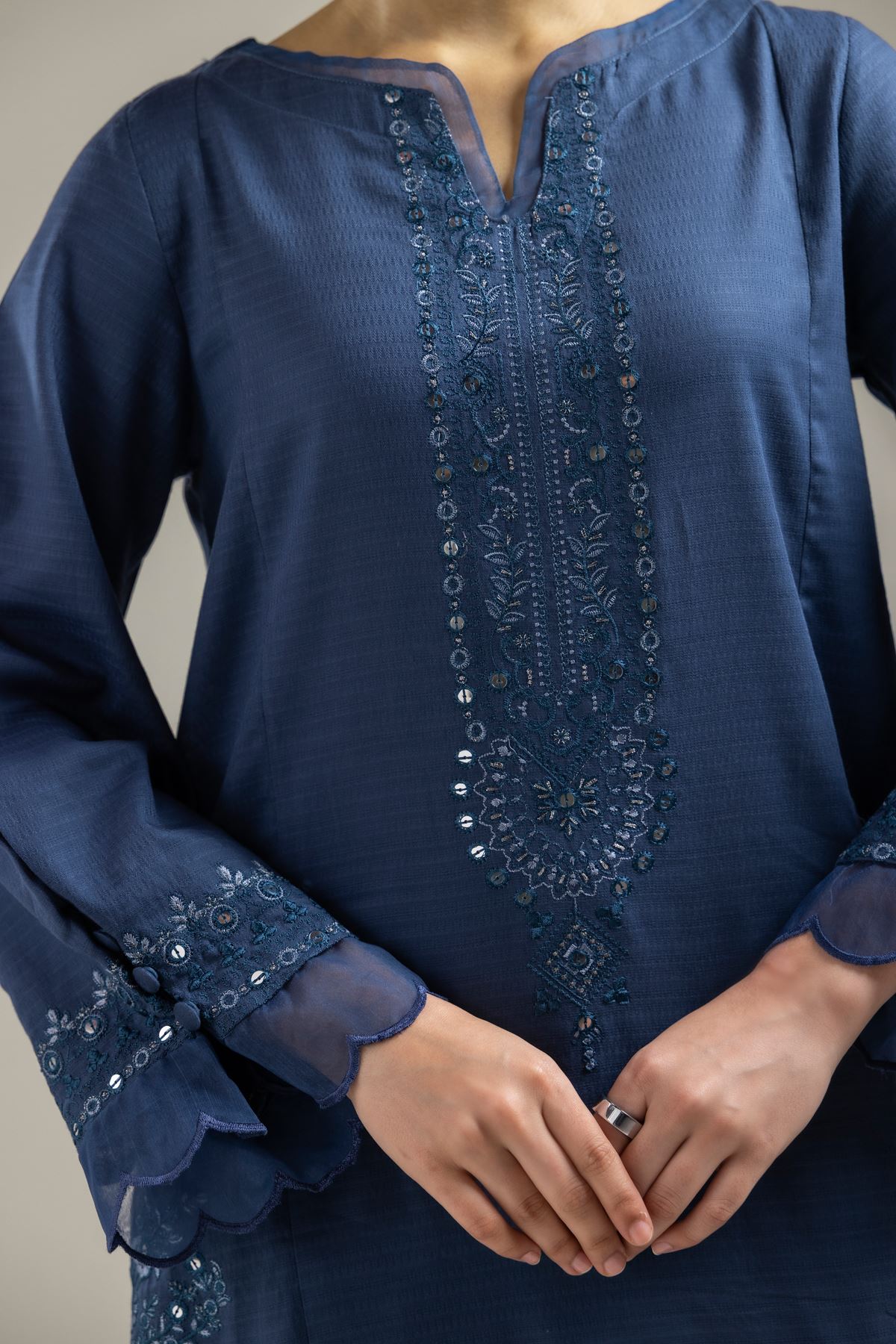 Embroidered Cotton Dobby Long Navy Kurta - T-A22-26-122FI1-VG