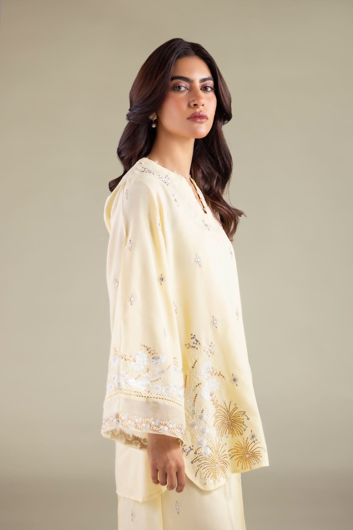 Embroidered Raw Silk Embellished V-Neck Kurta - 2-26-110-A-E-VG