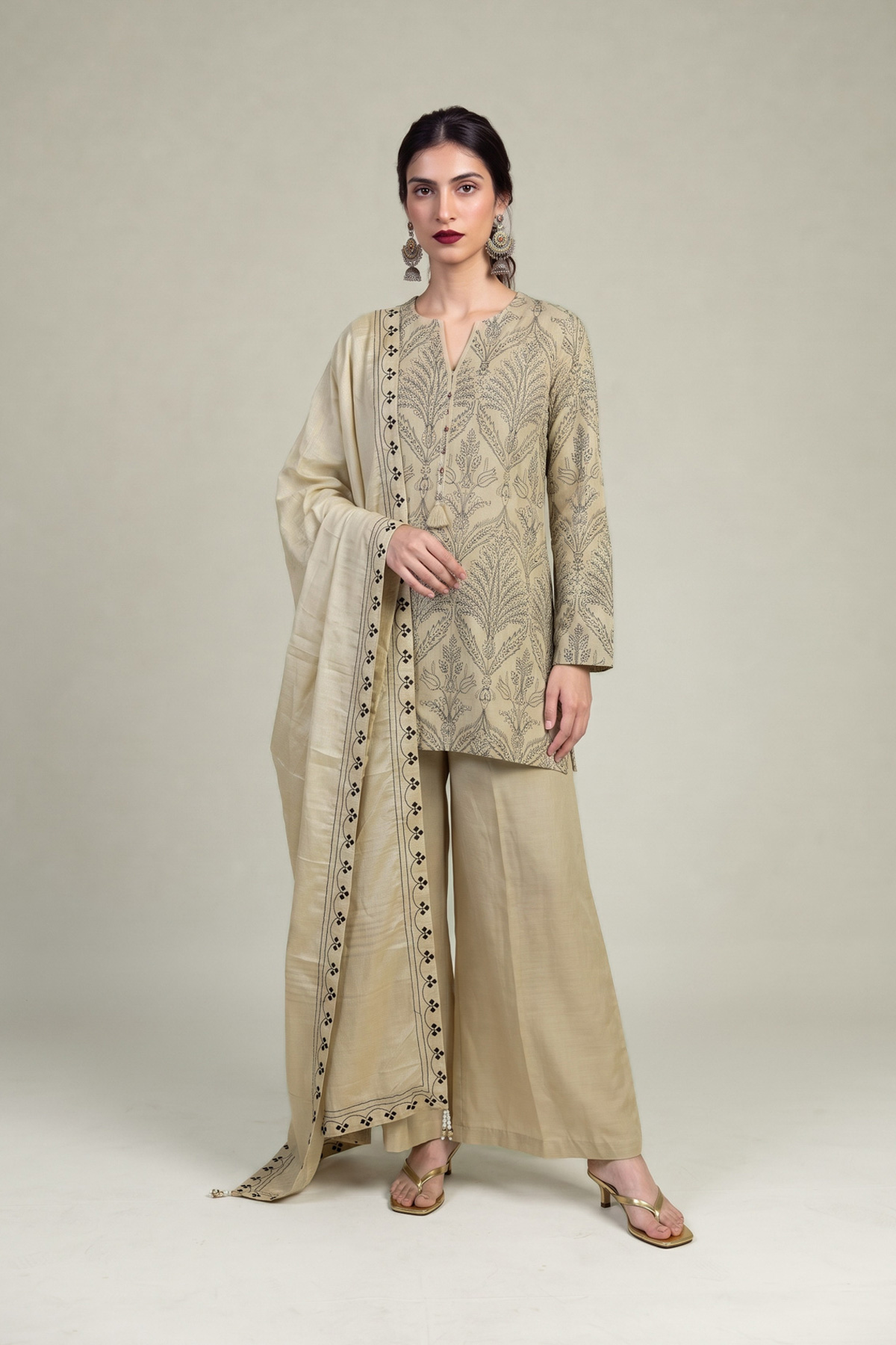 Embroidered Polyester Silk Beige Silk Dupatta - 1-26-309-B-D1-VG