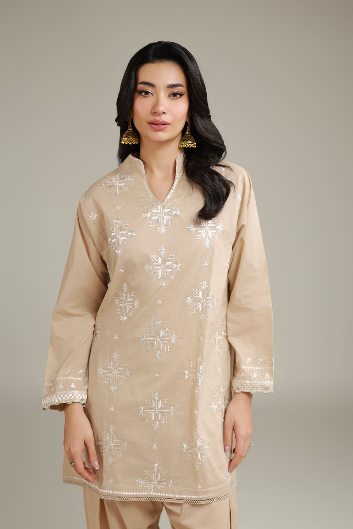 Embroidered Cambric Short Beige Kurta - 1-26-101-A-D-VG