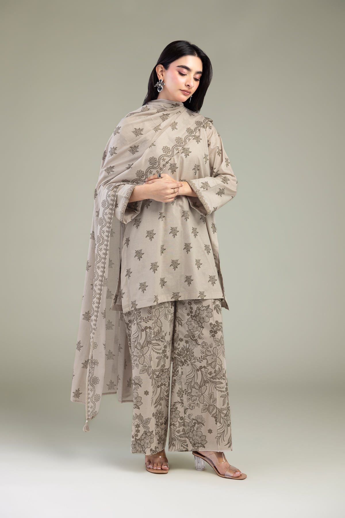 Embroidered Cambric Beige Floral Pants - 1-26-102-A-F-VG