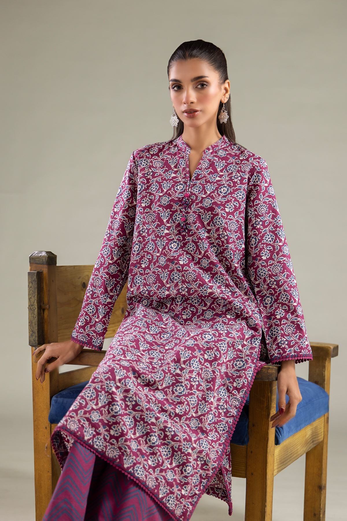 Printed Cambric Floral Longline Kurta - 1-26-125-A-D-VG