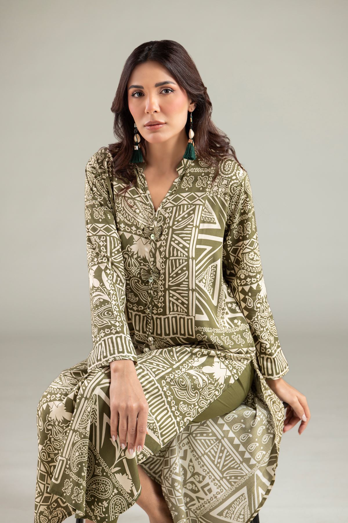 Printed Viscose Long V-Neck Kurta - 1-26-108-A-F-VG