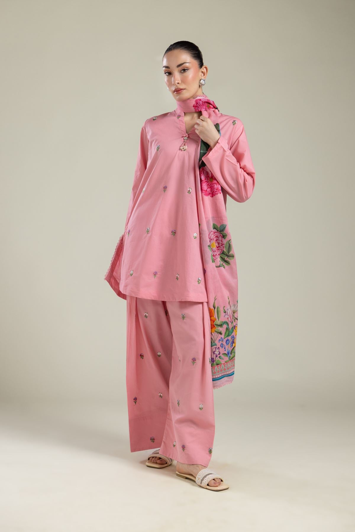 Embroidered Cambric Floral Pink Pants - 25-09-11E3-02TB-VG