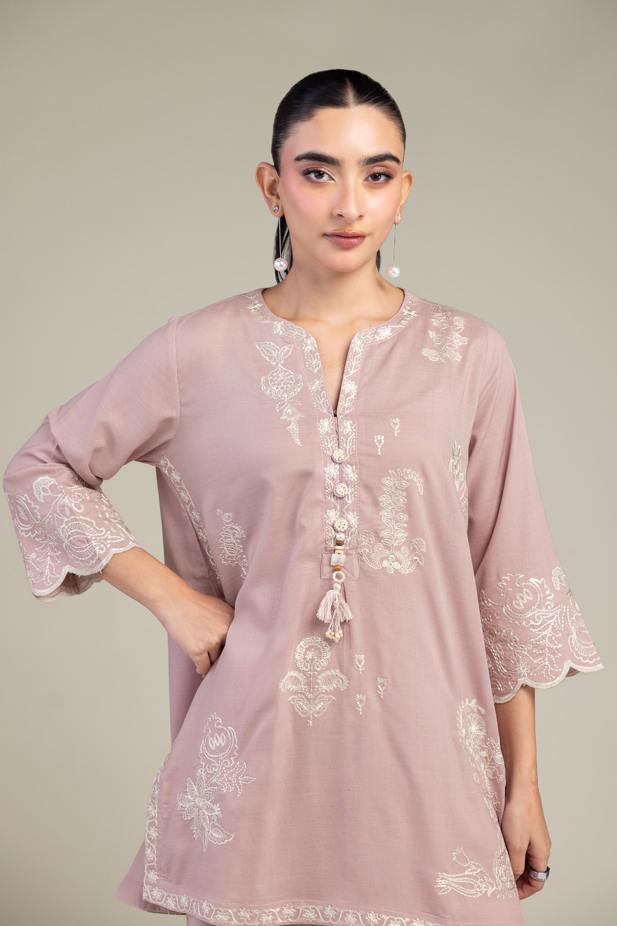 Embroidered Raw Silk V-Neck Pink Kurta - 1-26-309-B-D1-VG