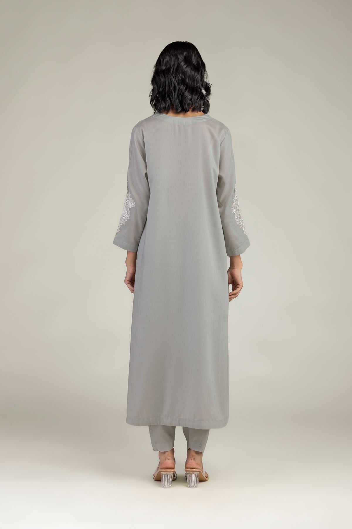 Embroidered Lyocell Gray Longline Kurta - 8-26-208-A-E1-VG