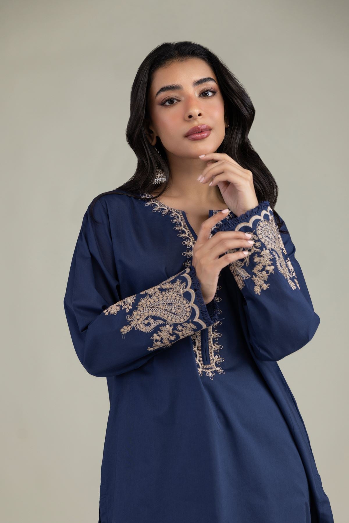 Embroidered Cambric Navy V-Neck Kurta - 8-26-303-A-C1-VG