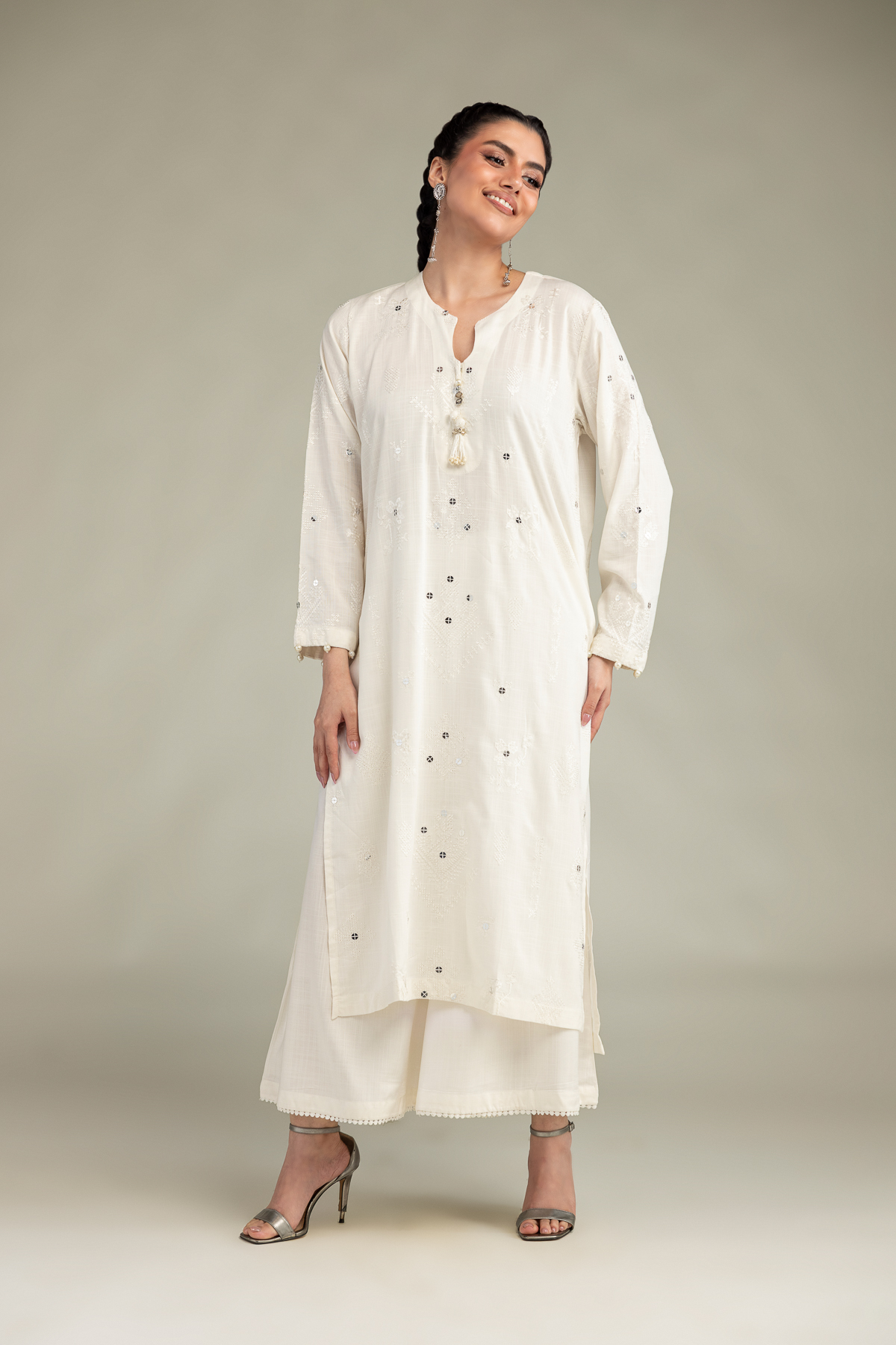 Embroidered Raw Silk Solid Silk Pants - 1-26-102-A-F-VG