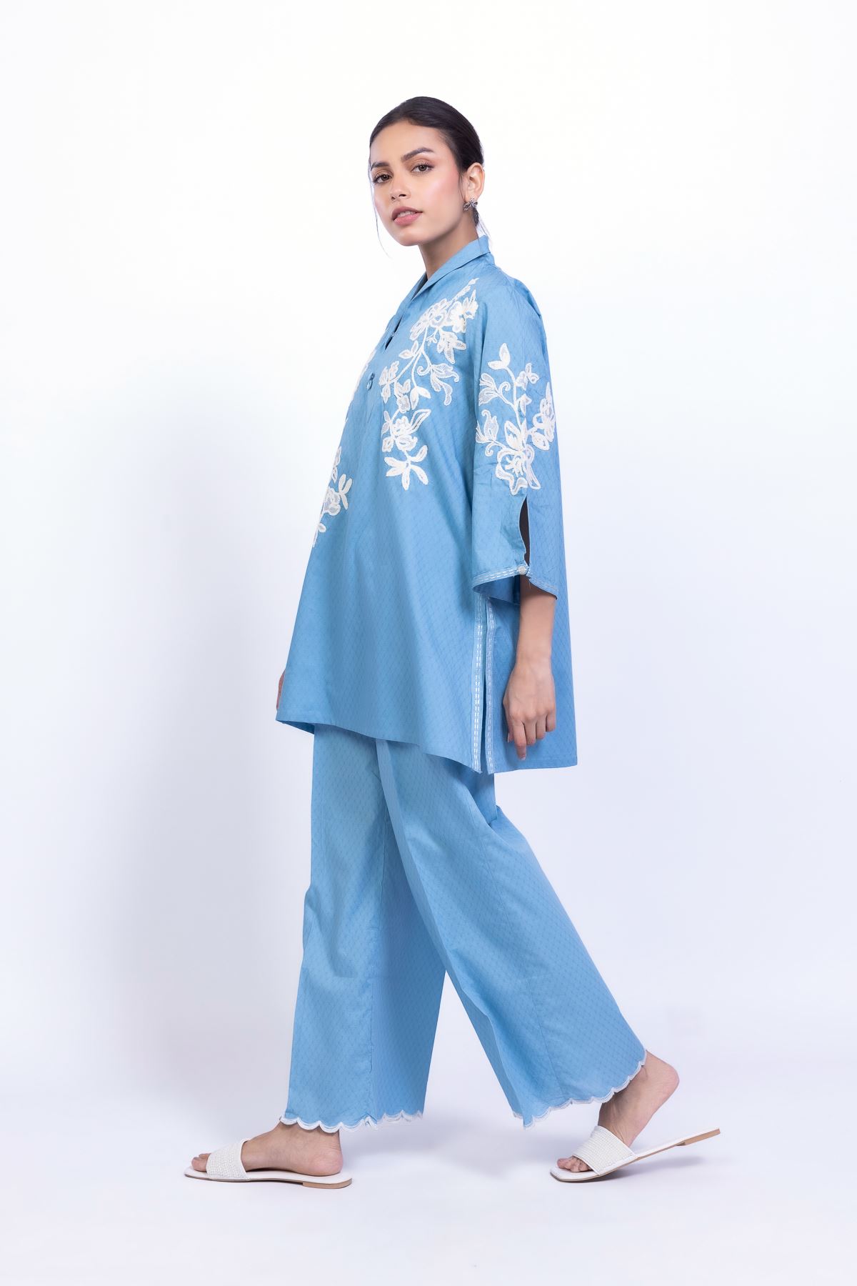 Embroidered Cotton Dobby Blue Summer Pants - 25-07-7E4-01BB-VG
