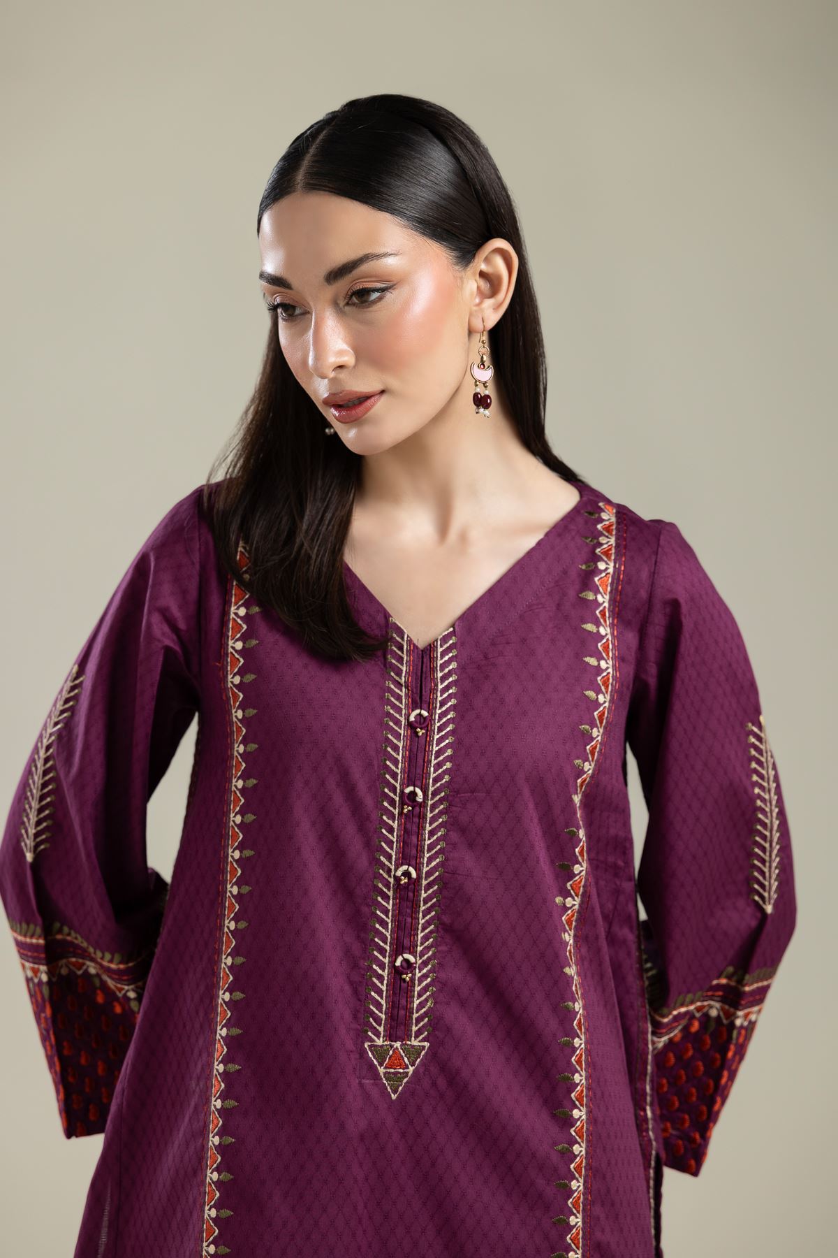 Embroidered Cotton Dobby V-Neck Cotton Kurta - 2-26-202-A-E-VG