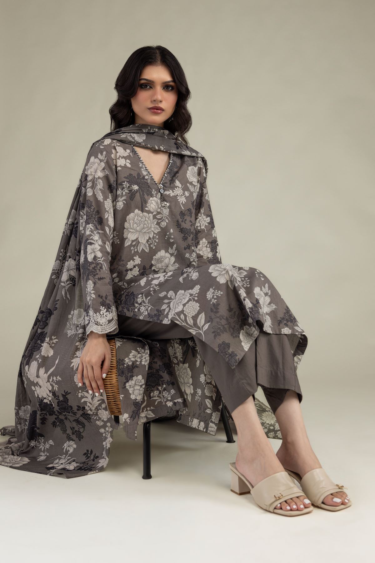 Embroidered Lawn Gray Lawn Dupatta - 1-26-244-C-H2-VG