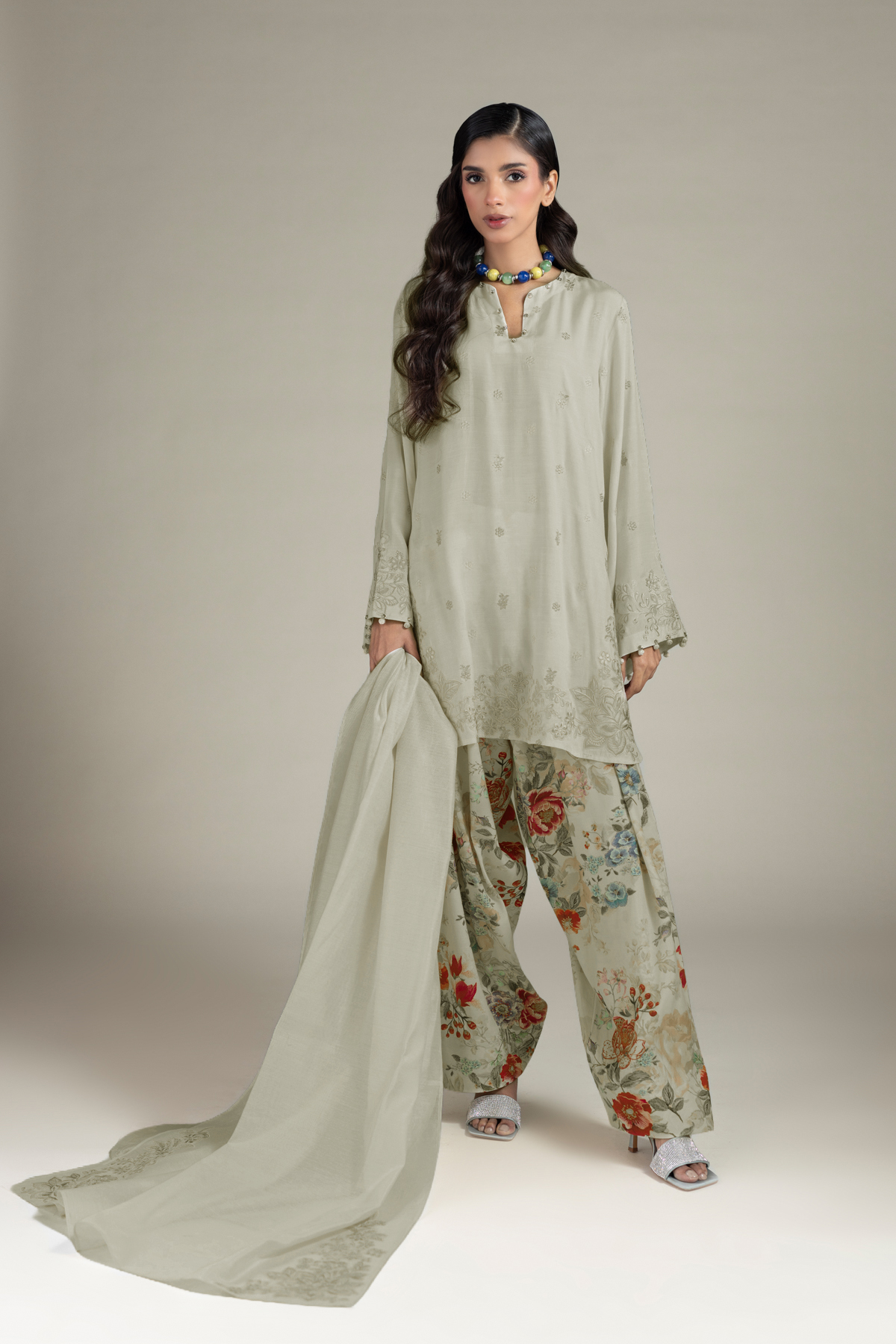 Embroidered Raw Silk Tailored Silk Suit - 1-26-142-A-F-VG