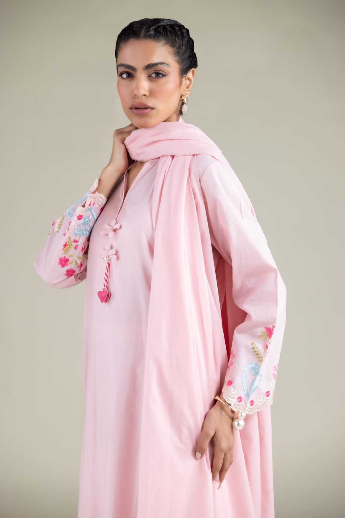 Embroidered Textured Cotton Tassel Dupatta - 1-26-143-A-H-VG
