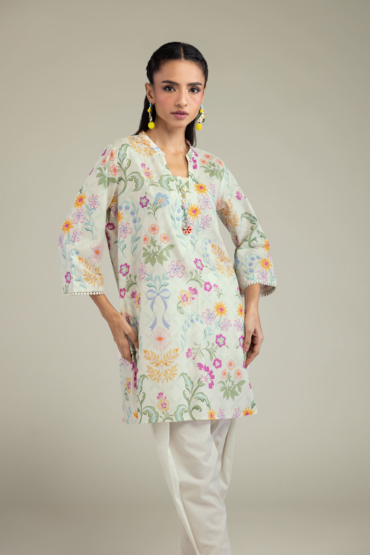 Printed Cambric Floral Buttoned Kurta - 25-10-12E7-09TB-VG