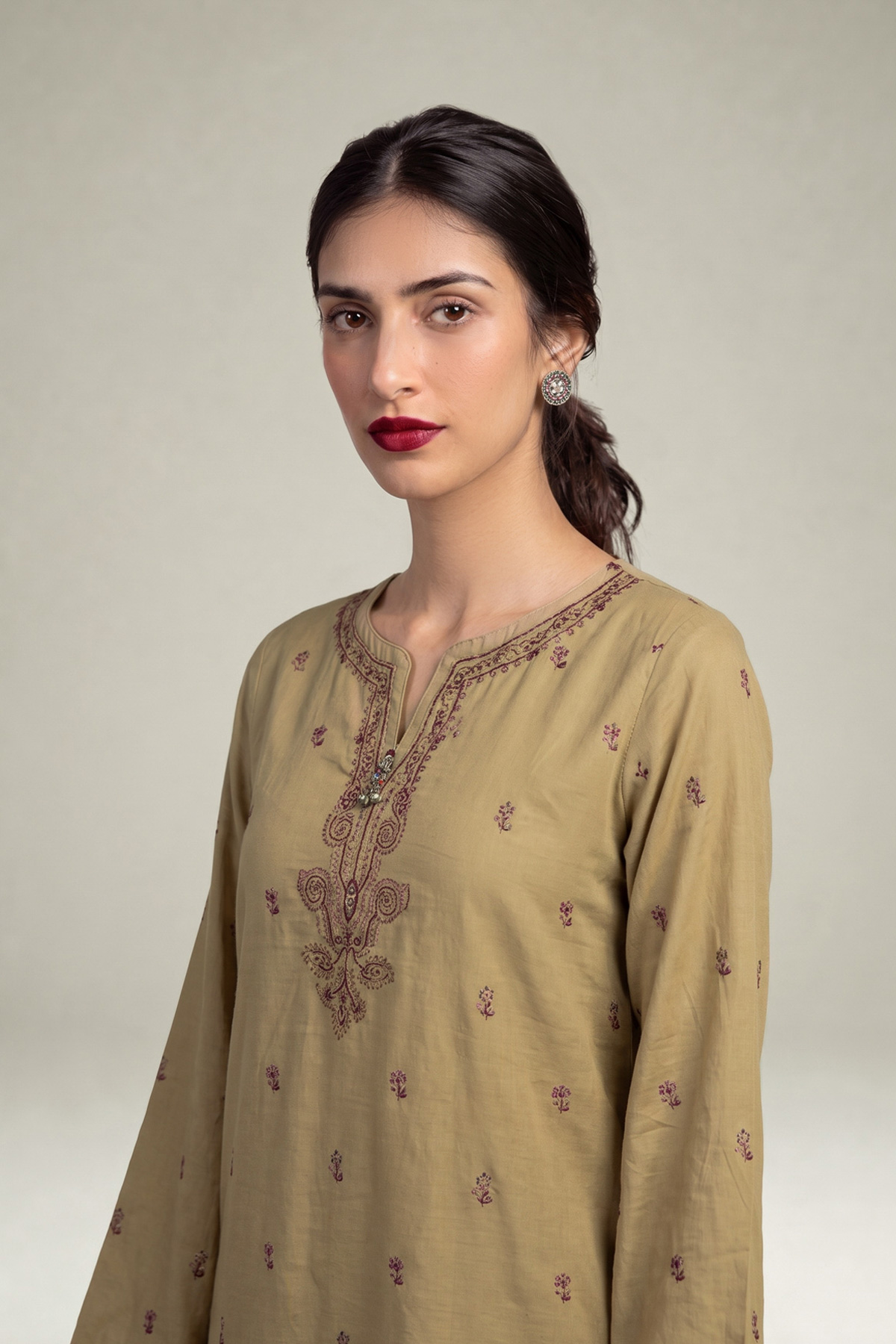 Embroidered Raw Silk Olive Silk Kurta - 1-26-309-B-D1-VG