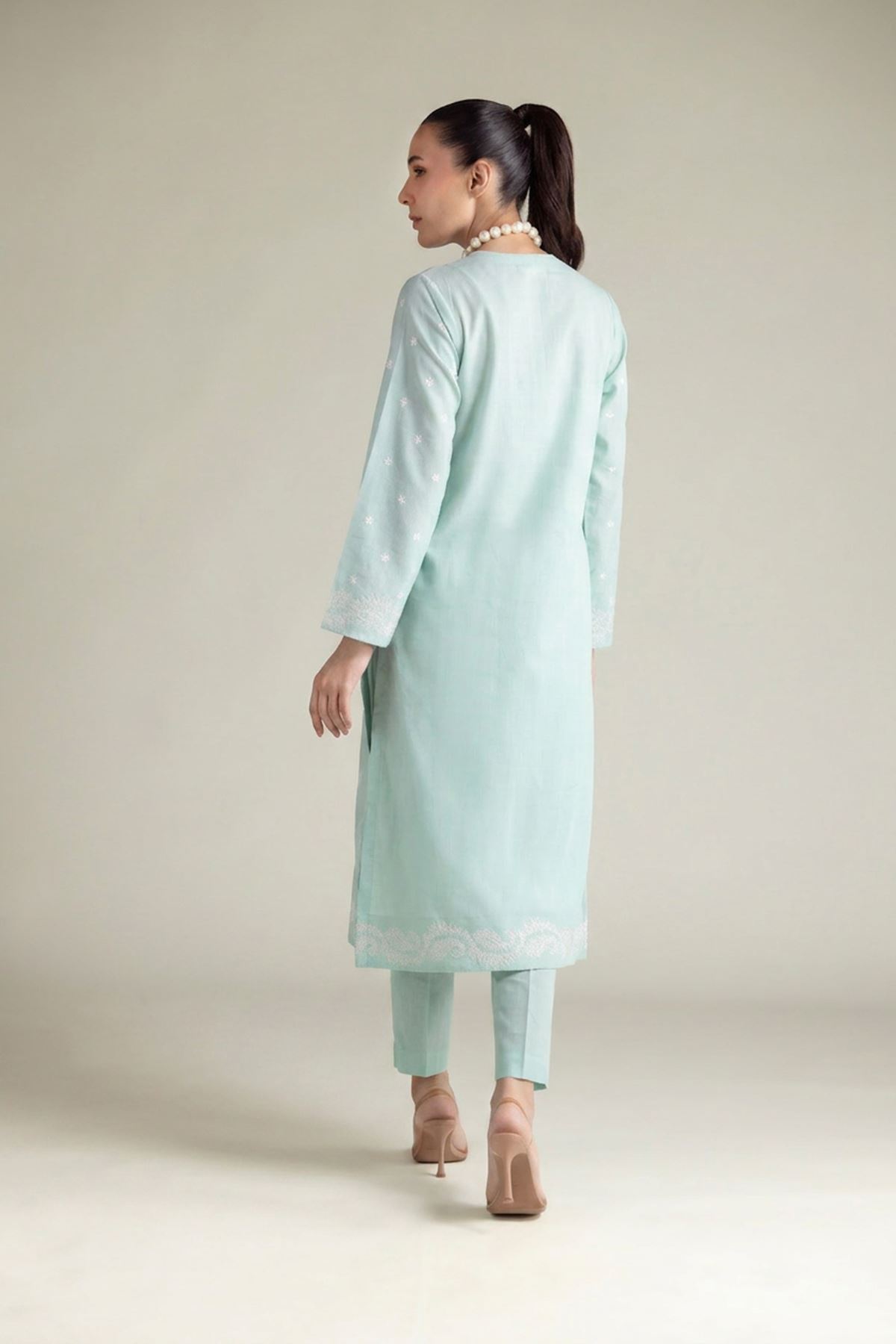 Embroidered Textured Cotton Tailored 2 Piece | Top and Bottom - T-A22-26-207EG1-VG