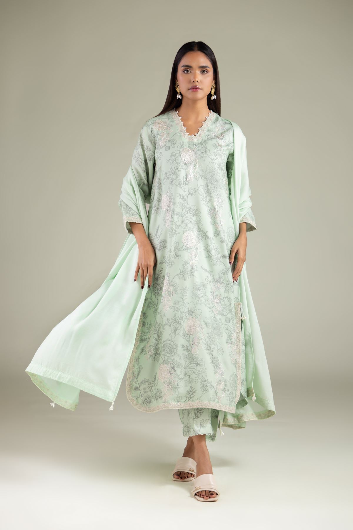 Embroidered Raw Silk Floral Lace Dupatta - 2-26-112-A-D-VG