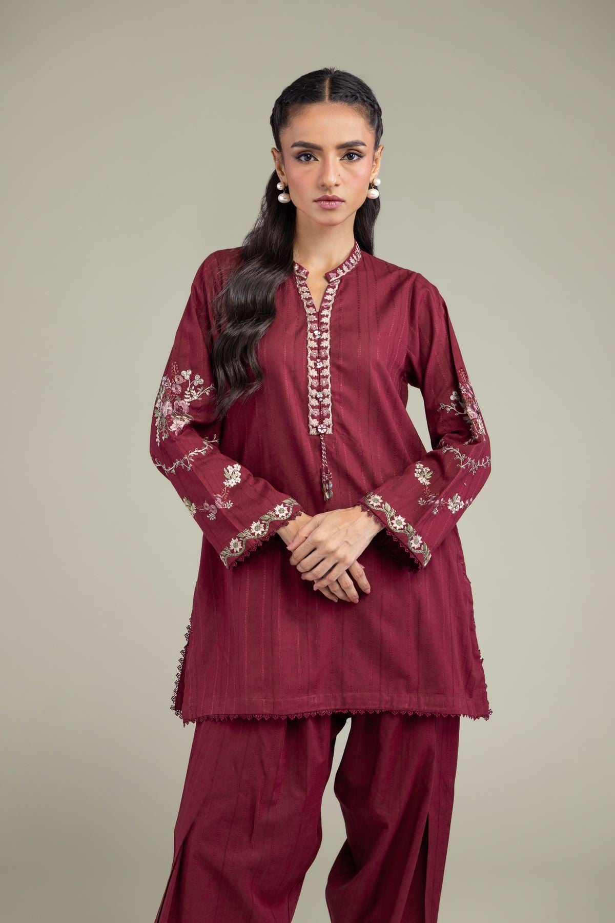Embroidered Textured Cotton Floral Short Kurta - T-A11-26-114FF1-VG
