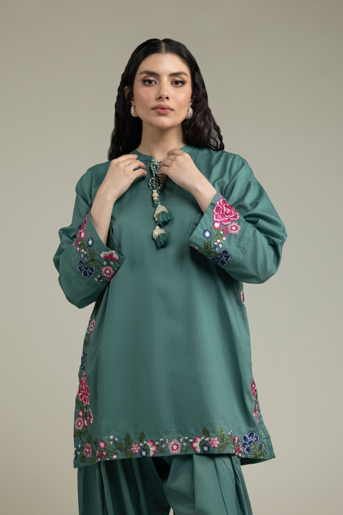 Embroidered Cambric Teal Floral Kurta - 1-26-231-A-F1-VG