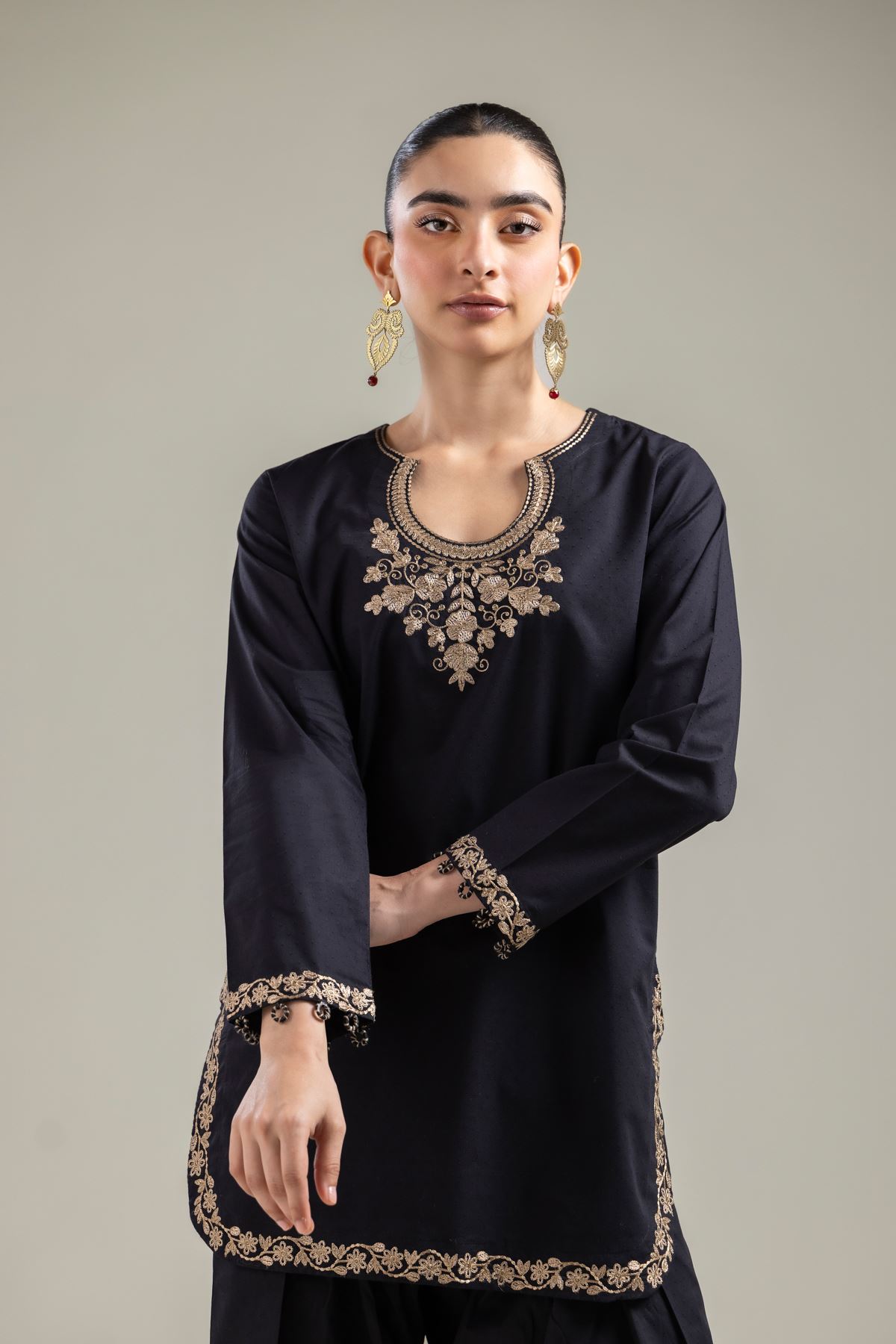 Embroidered Cotton Dobby Black Cotton Kurta - T-A22-26-122FI1-VG