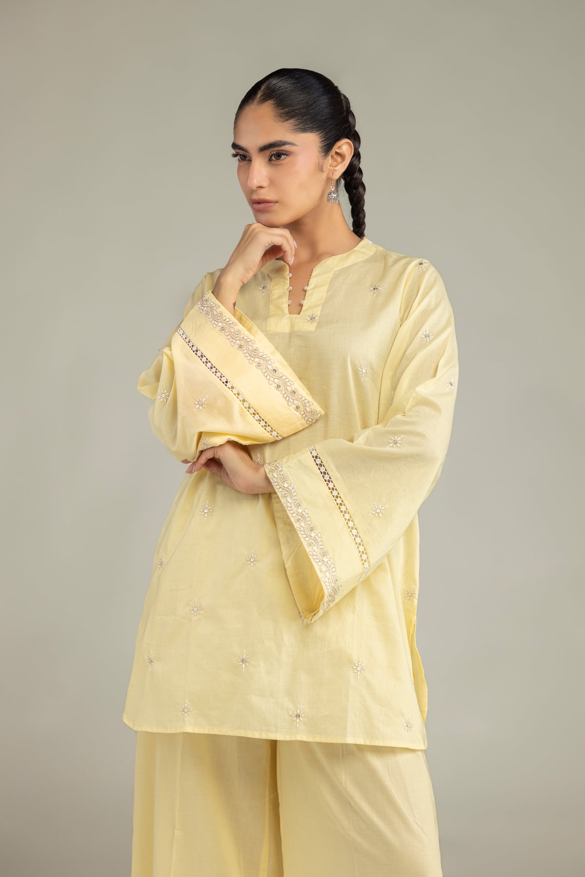 Embroidered Cambric Yellow Cambric Kurta - 1-26-102-A-F-VG