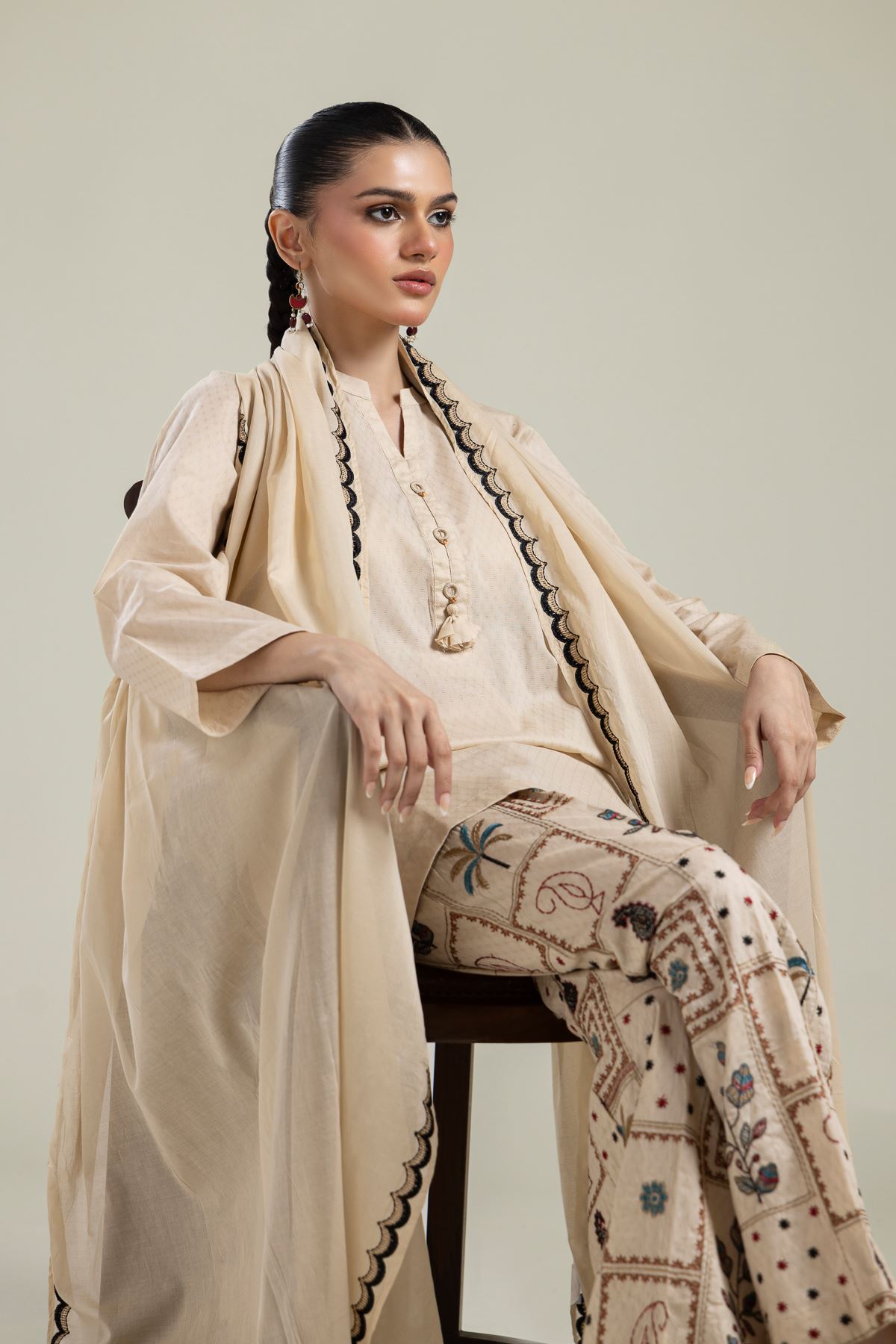 Embroidered Lawn Beige Lawn Dupatta - 1-26-134-A-E-VG