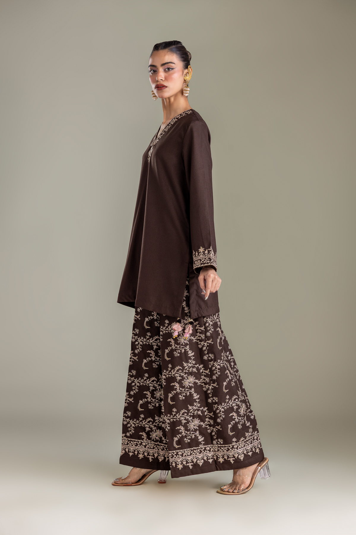 Embroidered Heavy Blended Viscose Brown V-neck Kurta - 1-26-431-A-D1-VG
